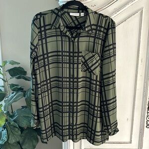 Susan Graver Green & Black Plaid Long Sleeve Button Up Shirt, Women’s Size 12